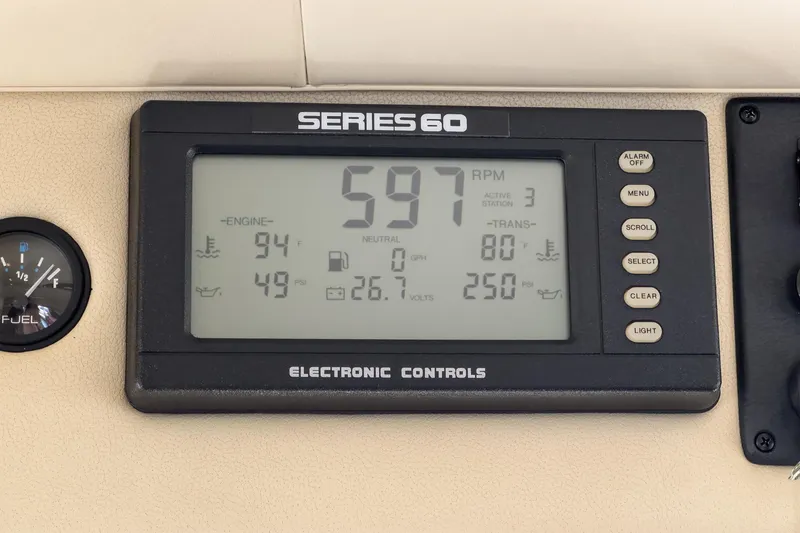 Slide: The Image of Electronic control panel of a 2005 Marquis Pilothouse displaying engine and transmission data. - 42