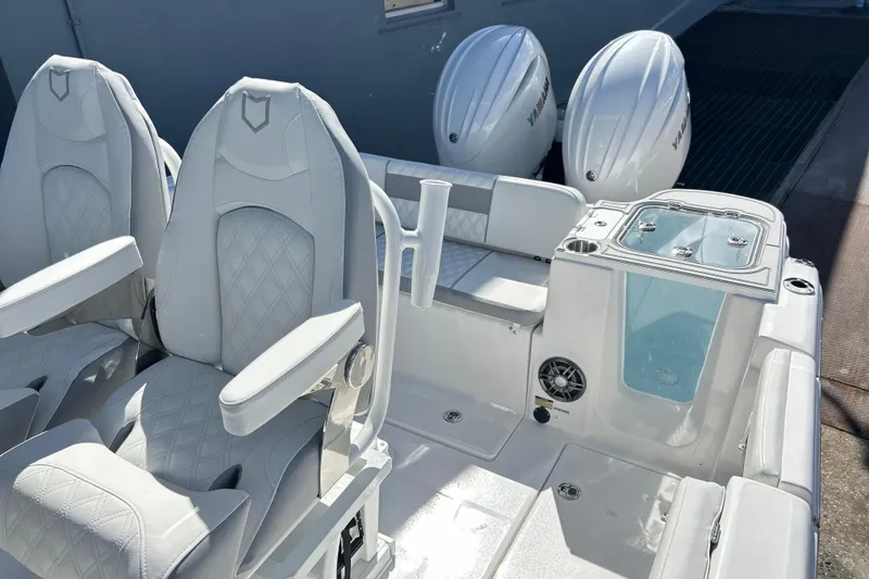 Slide: The Image of Luxurious seating on 2026 Sea Fox 268 Commander boat, featuring diamond-stitched upholstery. - 18