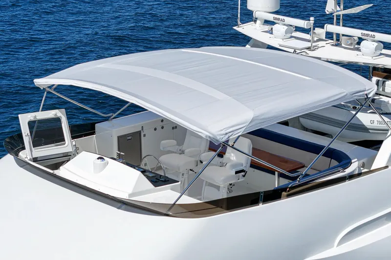 Slide: The Image of Luxurious Northcoast Yachts Raised Pilothouse, 1999 model, featuring a spacious deck and canopy. - 19