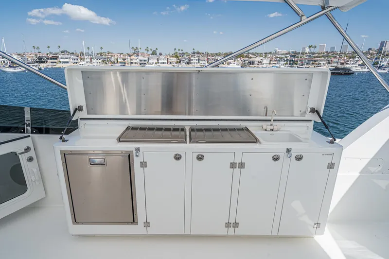 Slide: The Image of Outdoor kitchen on Northcoast Yachts Raised Pilothouse, 1999 model, with ocean view. - 28