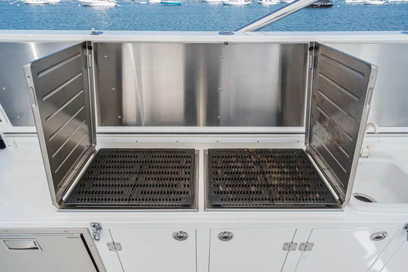 Slide: The Image of Outdoor grill on Northcoast Yachts Raised Pilothouse, 1999 model, with ocean view. - 29