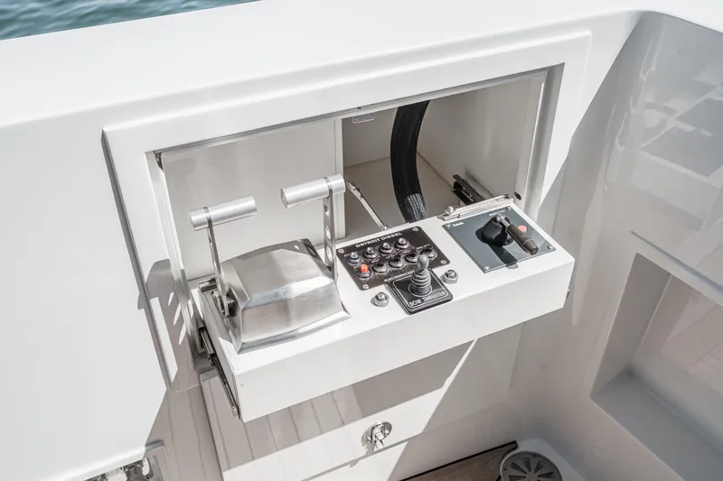 Slide: The Image of Control panel of Northcoast Yachts Raised Pilothouse, 1999 model, featuring modern navigation equipment. - 42