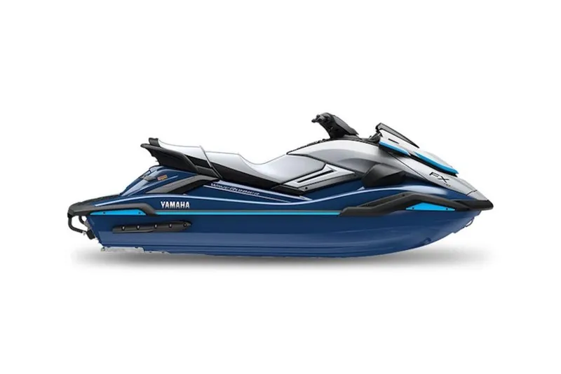Slide: The Image of 2026 Yamaha WaveRunner FX HO, sleek blue and white design, side view. - 7