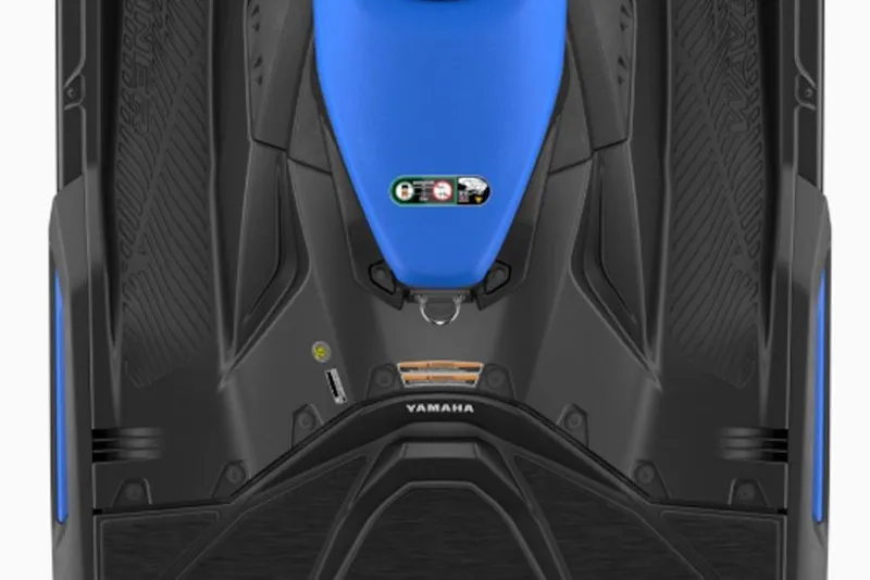 Slide: The Image of 2026 Yamaha WaveRunner JetBlaster, top view, featuring sleek black and blue design. - 2