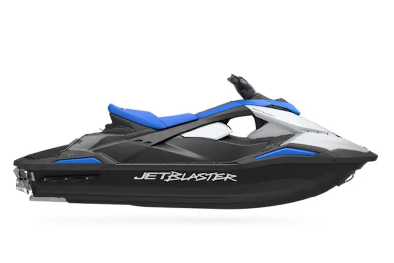 Slide: The Image of 2026 Yamaha WaveRunner JetBlaster in black and blue, side view. - 20