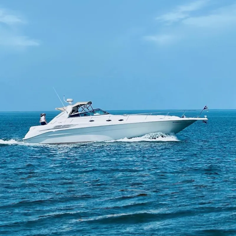 The Image of 1995 Sea Ray 450 Sundancer cruising on open water under clear blue skies. - 0