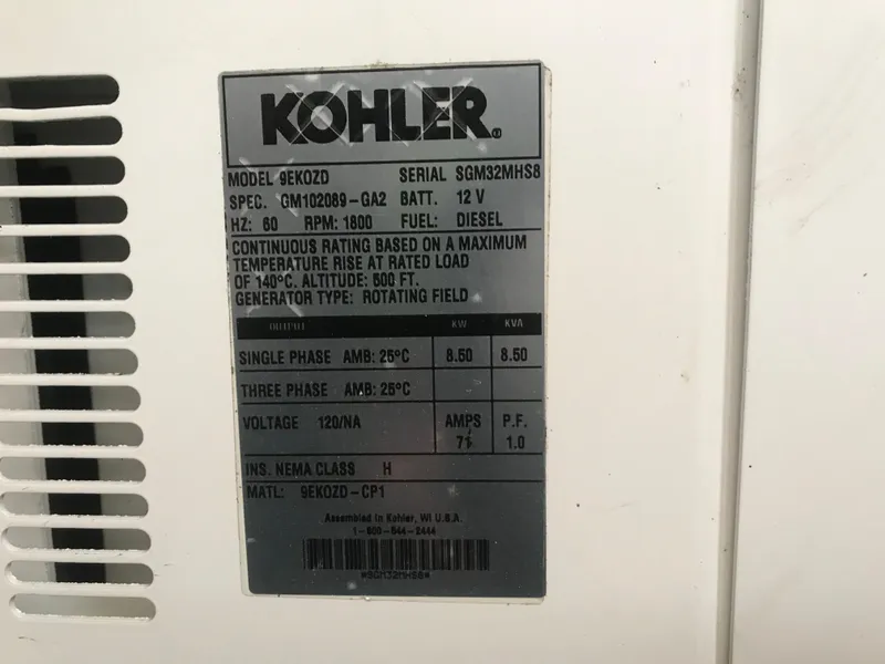 Slide: The Image of Kohler generator label on 1995 Sea Ray 450 Sundancer, model 6EK0ZD, diesel fuel specifications. - 43