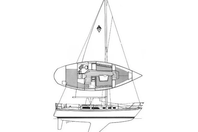 Slide: The Image of Line drawing of a 1989 Catalina 34 sailboat with interior layout. - 74