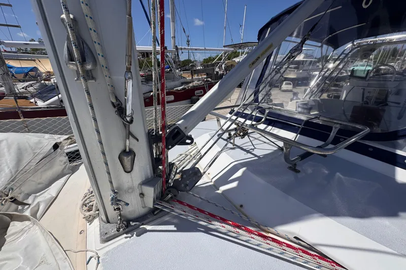 Slide: The Image of Deck view of a 1992 Hunter Passage 42 sailboat, showcasing rigging and mast details. - 39