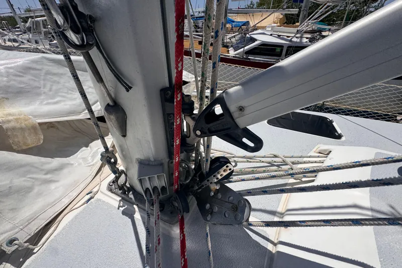 Slide: The Image of Close-up of 1992 Hunter Passage 42 sailboat rigging and mast details. - 41