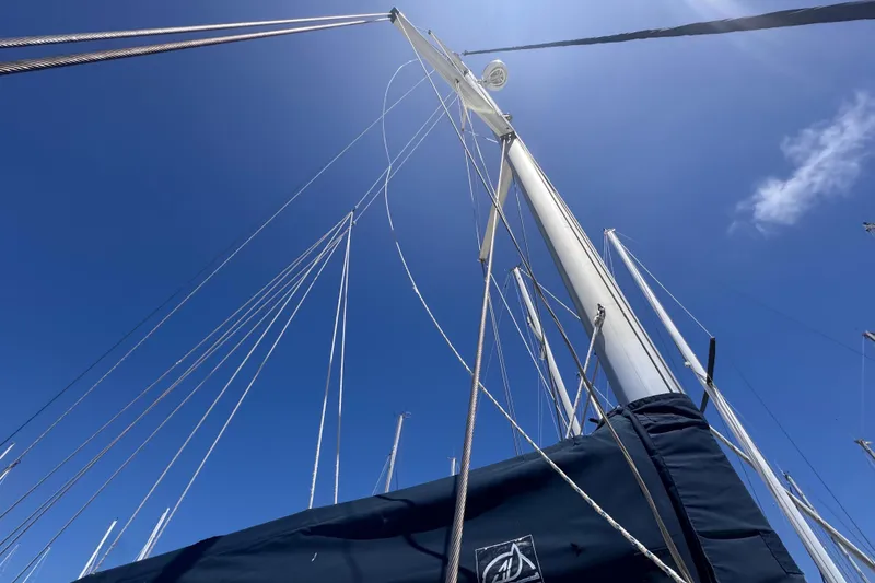 Slide: The Image of Sailboat mast and rigging of 1992 Hunter Passage 42 against clear blue sky. - 66