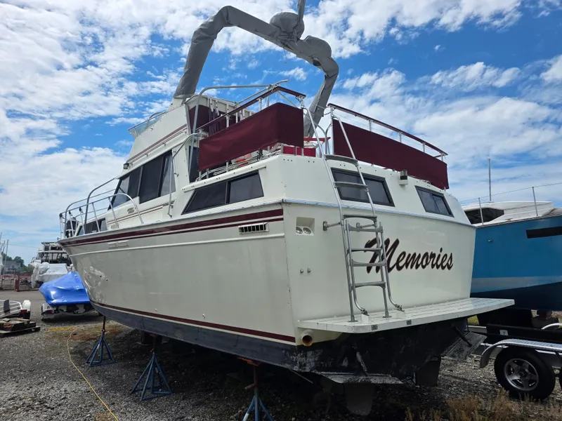 Slide: The Image of 1988 Marinette 37 Motor Yacht "Memories" on stands, with blue sky background. - 3