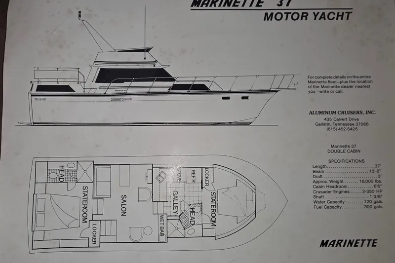 Slide: The Image of 1988 Marinette 37 Motor Yacht blueprint with specifications and layout details. - 65