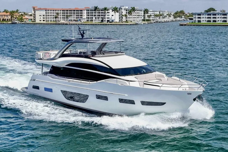 The Image of Luxurious 2021 Princess Y85 yacht cruising on open blue sea. - 0
