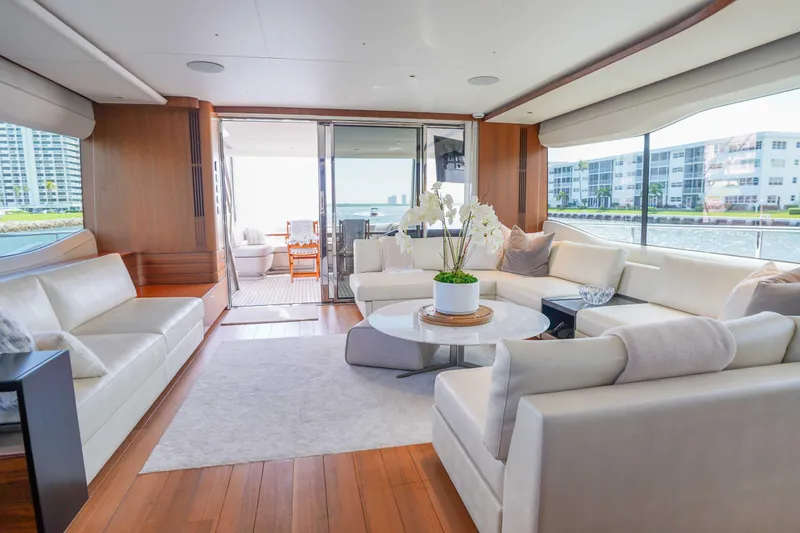 Slide: The Image of Luxurious interior of 2021 Princess Y85 yacht with elegant seating and panoramic windows. - 12
