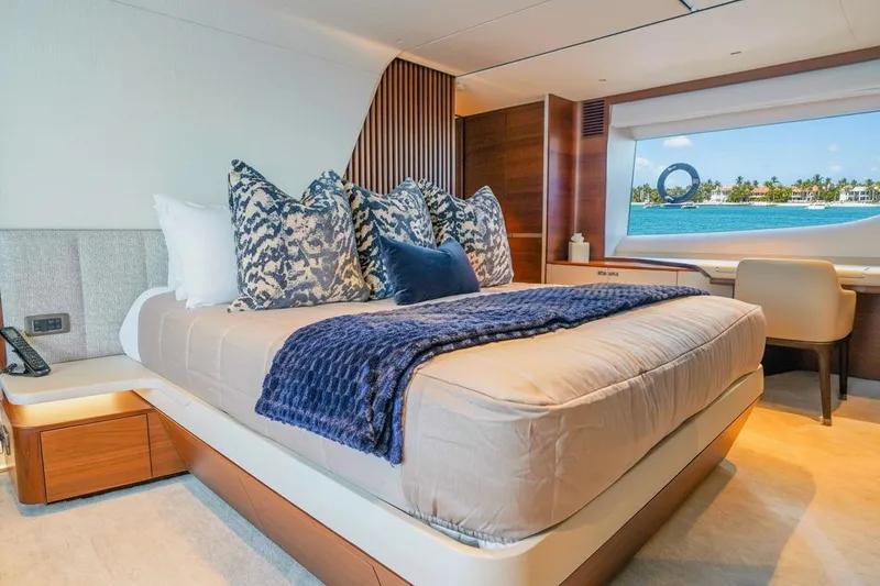 Slide: The Image of Luxurious bedroom interior of 2021 Princess Y85 yacht with ocean view. - 24
