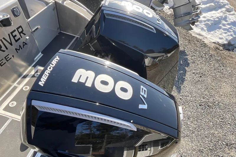 Slide: The Image of Twin Mercury V8 outboard engines on a 2025 Life Proof 31 GT Coupe boat. - 7