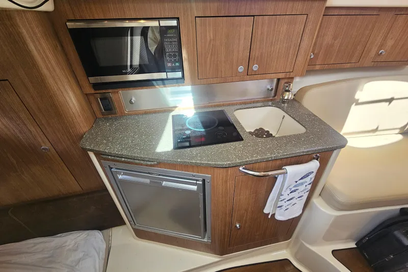 Slide: The Image of 2018 Boston Whaler 315 Conquest galley with microwave, sink, and compact fridge. - 29