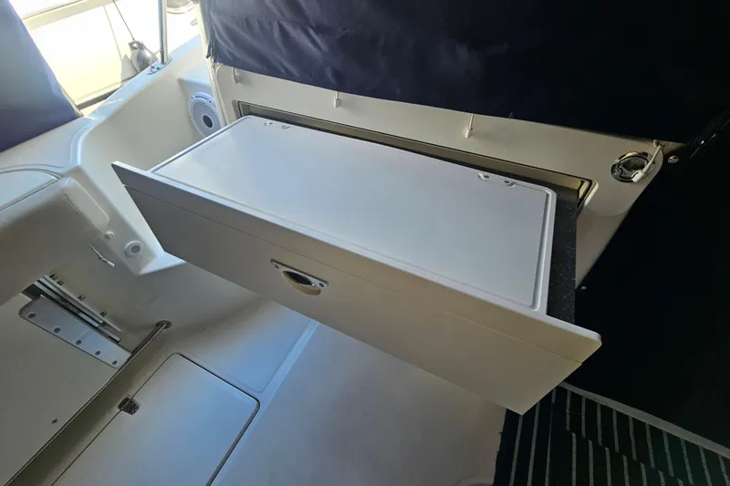 Slide: The Image of 2018 Boston Whaler 315 Conquest interior with open storage compartment. - 35