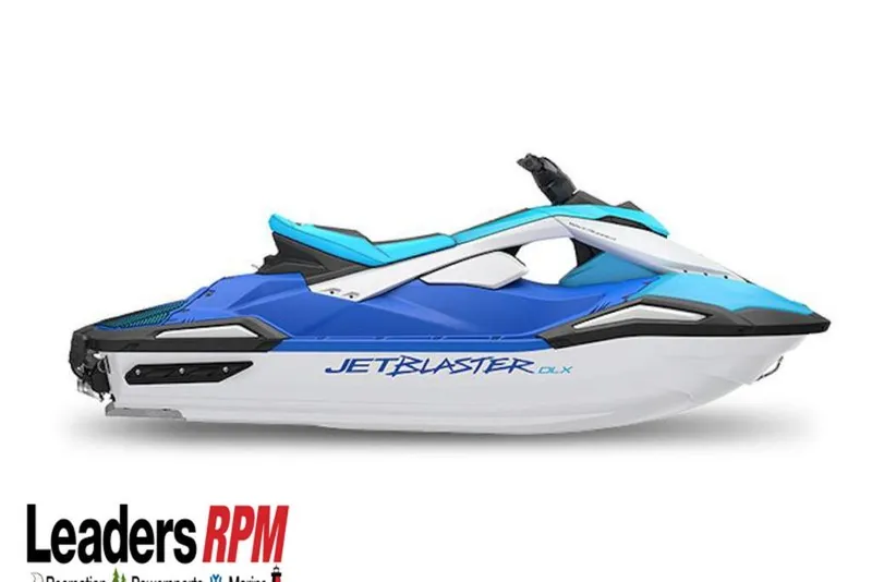 The Image of 2026 Yamaha WaveRunner JetBlaster DLX 2-Up, blue and white design, side view. - 0