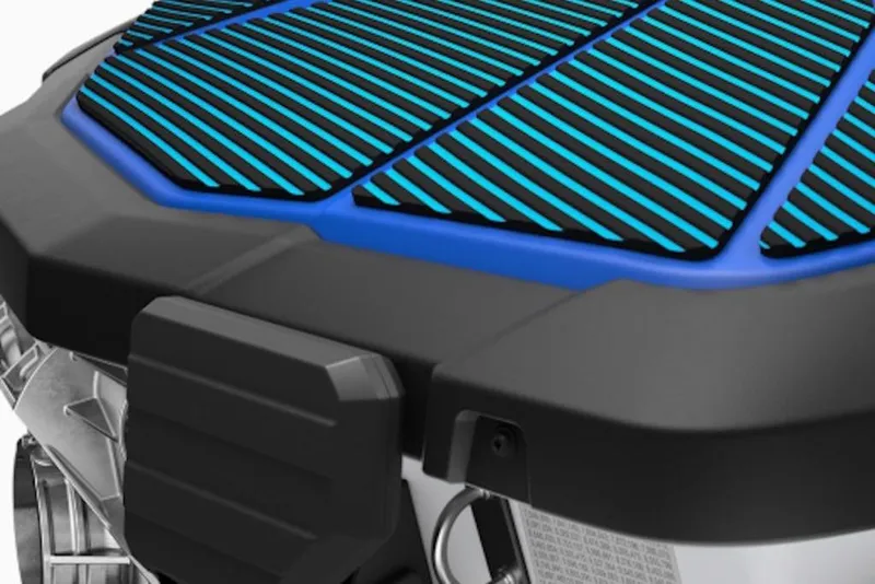 Slide: The Image of Yamaha WaveRunner JetBlaster DLX 2026, close-up of deck with blue stripes. - 1