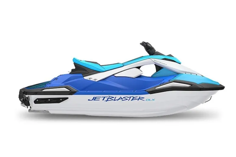 Slide: The Image of 2026 Yamaha WaveRunner JetBlaster DLX 3-Up in blue and white. - 4