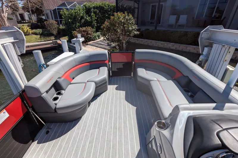 Slide: The Image of 2023 Trifecta 20CC 2.75 pontoon boat with spacious seating and modern design. - 8