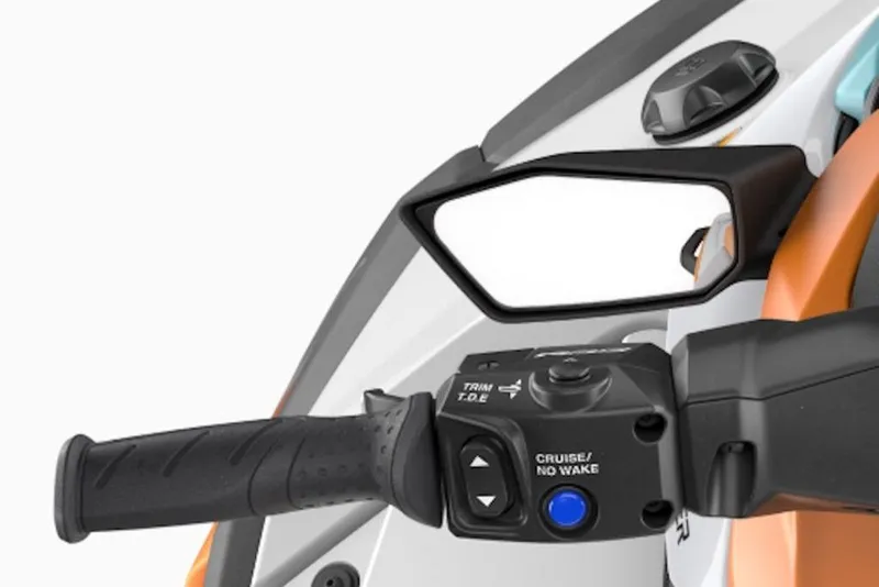 Slide: The Image of 2026 Yamaha WaveRunner JetBlaster LTD handlebar controls and mirror detail. - 4
