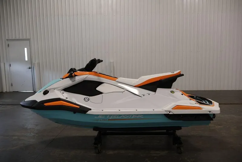 Slide: The Image of 2026 Yamaha WaveRunner JetBlaster LTD in a showroom, showcasing sleek design and vibrant colors. - 18