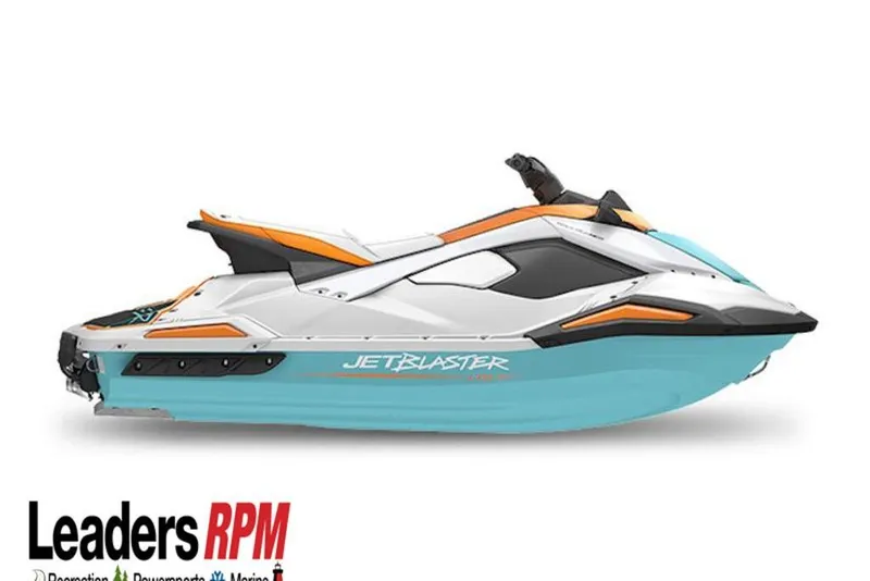 Slide: The Image of 2026 Yamaha WaveRunner JetBlaster LTD in white, orange, and blue, side view. - 24