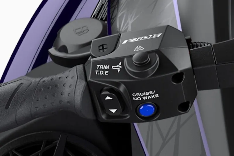 Slide: The Image of Close-up of 2026 Yamaha WaveRunner GP HO handlebar controls, featuring trim and cruise options. - 23