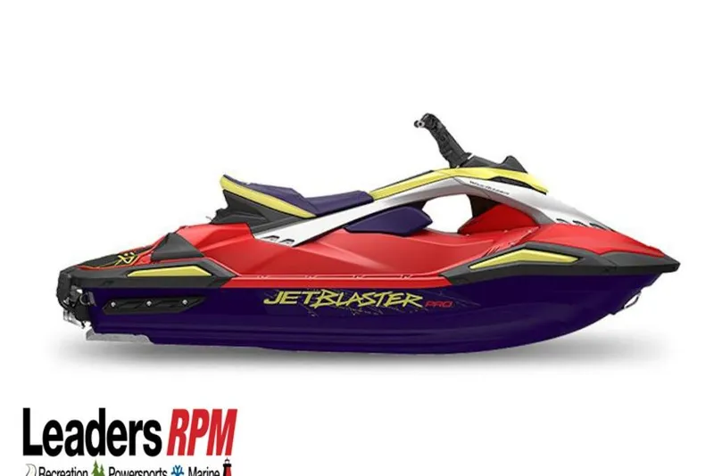 Slide: The Image of 2026 Yamaha WaveRunner JetBlaster PRO 2-Up, vibrant red and purple design, side view. - 0