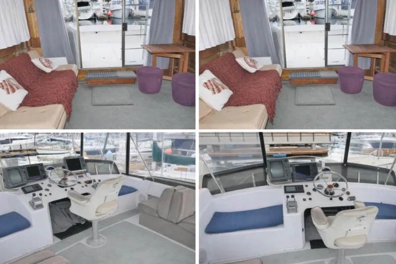Slide: The Image of 1973 Luhrs 290 Sport Fisherman interior and helm, showcasing cozy seating and navigation equipment. - 10