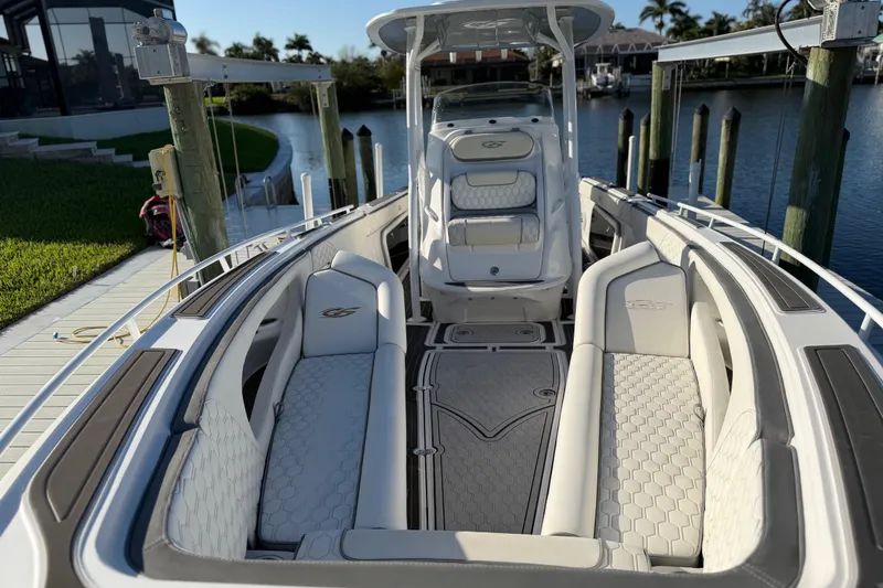 Slide: The Image of 2022 Glasstream 328 Pro-XS boat interior with luxurious seating and modern design. - 24