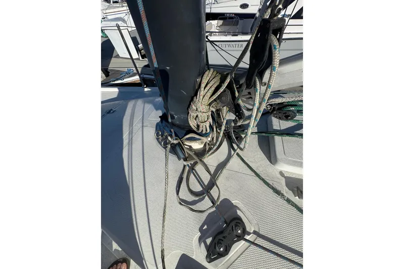 Slide: The Image of Close-up of a 2007 Flying Tiger 10M sailboat deck with rigging and ropes. - 12