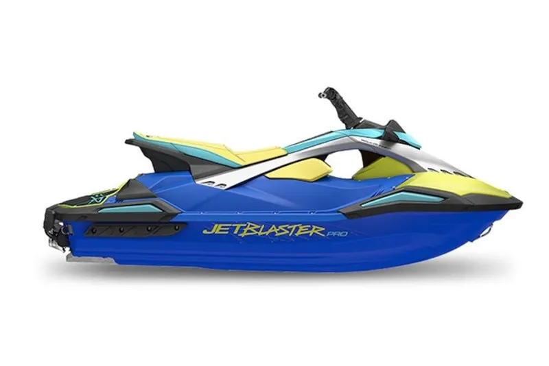 Slide: The Image of 2026 Yamaha WaveRunner JetBlaster PRO 3-Up, blue and yellow design, side view. - 6