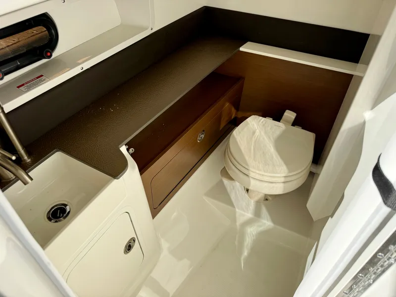 Slide: The Image of Interior of a Sea Ray SDX 290 Outboard featuring a toilet and sink. - 42
