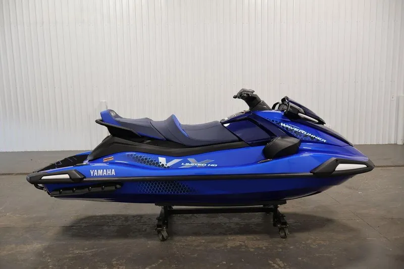 Slide: The Image of 2026 Yamaha WaveRunner VX Limited HO in blue, displayed indoors on a stand. - 4