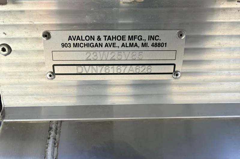 Slide: The Image of Metal identification plate for Avalon 2385 Venture 85 Rear Fish, Tri Toon, 2026 model. - 26