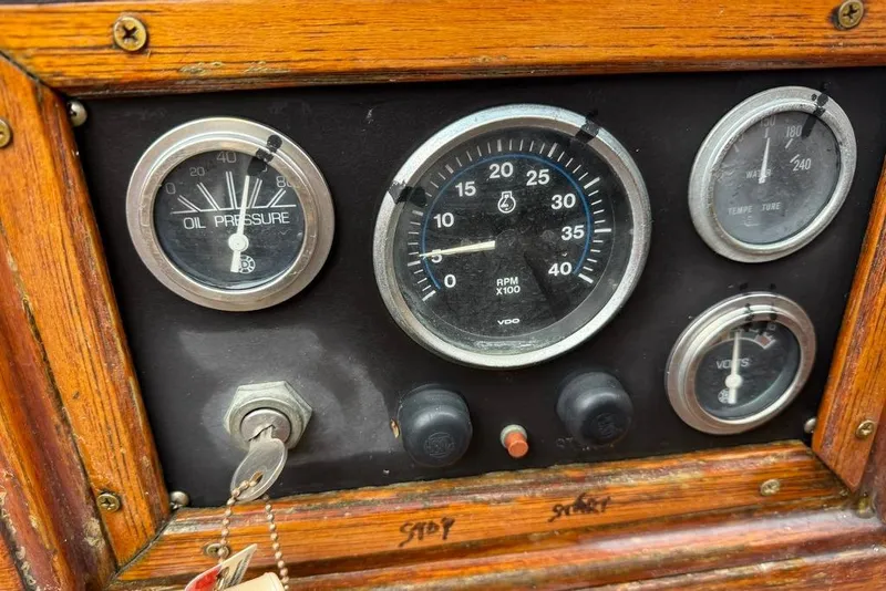Slide: The Image of Vintage 1965 dashboard with oil pressure, RPM, temperature, and voltage gauges in wooden frame. - 13