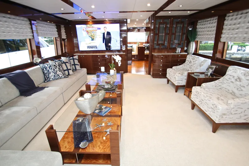 Slide: The Image of Luxurious interior of 2015 Hargrave 76 yacht with elegant seating and modern decor. - 35