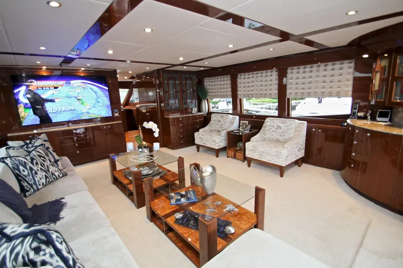 Slide: The Image of Luxurious interior of 2015 Hargrave 76 yacht with elegant furnishings and large windows. - 36