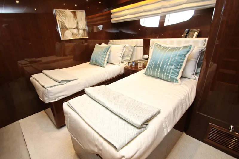 Slide: The Image of Luxurious twin cabin interior of 2015 Hargrave 76 yacht with elegant decor. - 63