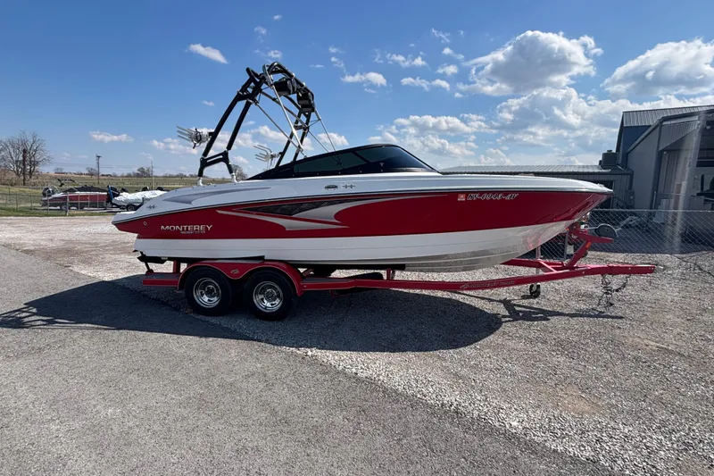 Slide: The Image of 2021 Monterey M-22 boat on trailer, red and white design, parked outdoors. - 3