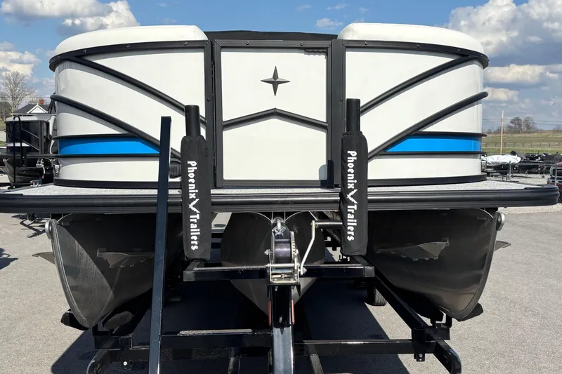 Slide: The Image of 2025 Berkshire 25UL DC STS pontoon boat on Phoenix trailer, front view. - 4