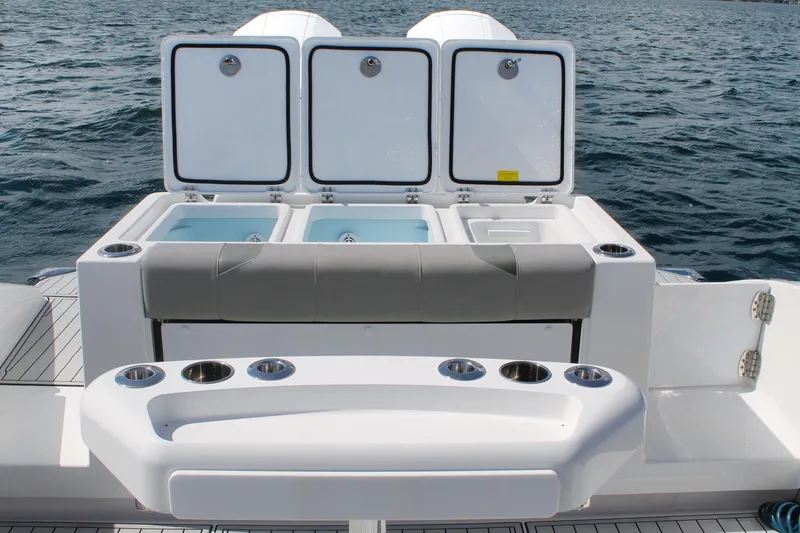 Slide: The Image of 2024 Cape Horn 39 T boat with open storage compartments on the deck. - 10