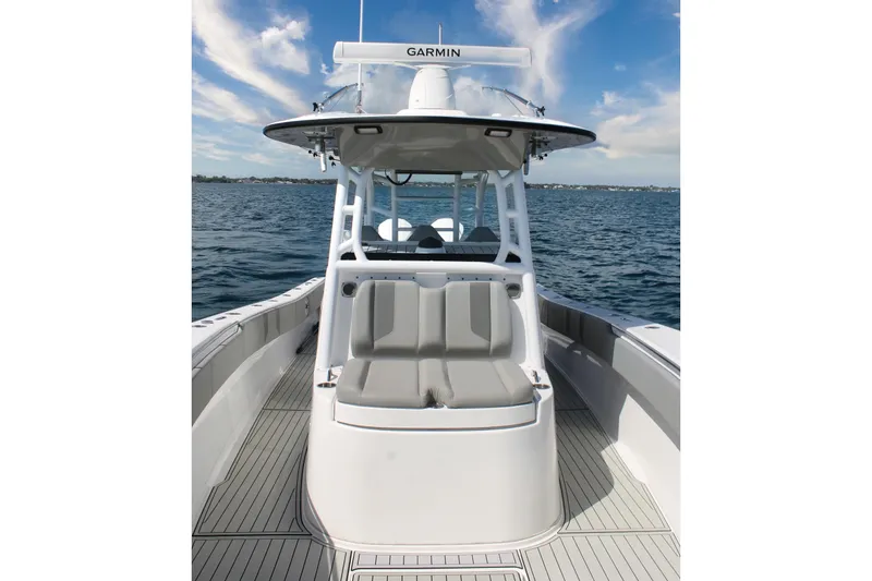 Slide: The Image of 2024 Cape Horn 39 T boat on water, featuring sleek design and Garmin equipment. - 20