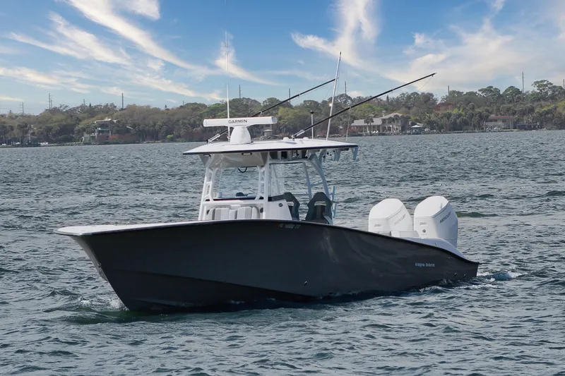 Slide: The Image of 2024 Cape Horn 39 T boat cruising on a scenic waterway with clear skies. - 37