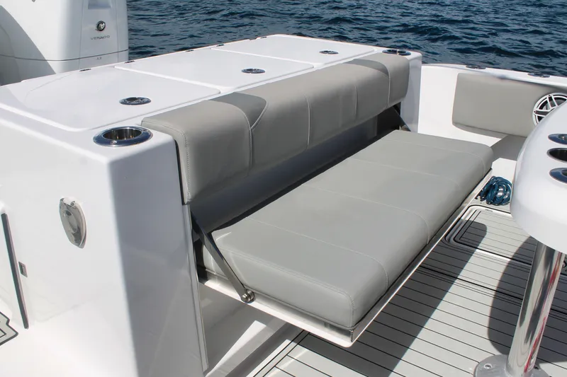 Slide: The Image of 2024 Cape Horn 39 T boat with foldable seating and cup holders on deck. - 8