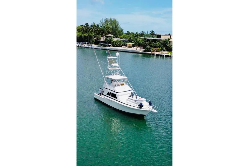 The Image of 1988 Bertram 43 Flybridge yacht cruising on a serene waterway. - 0